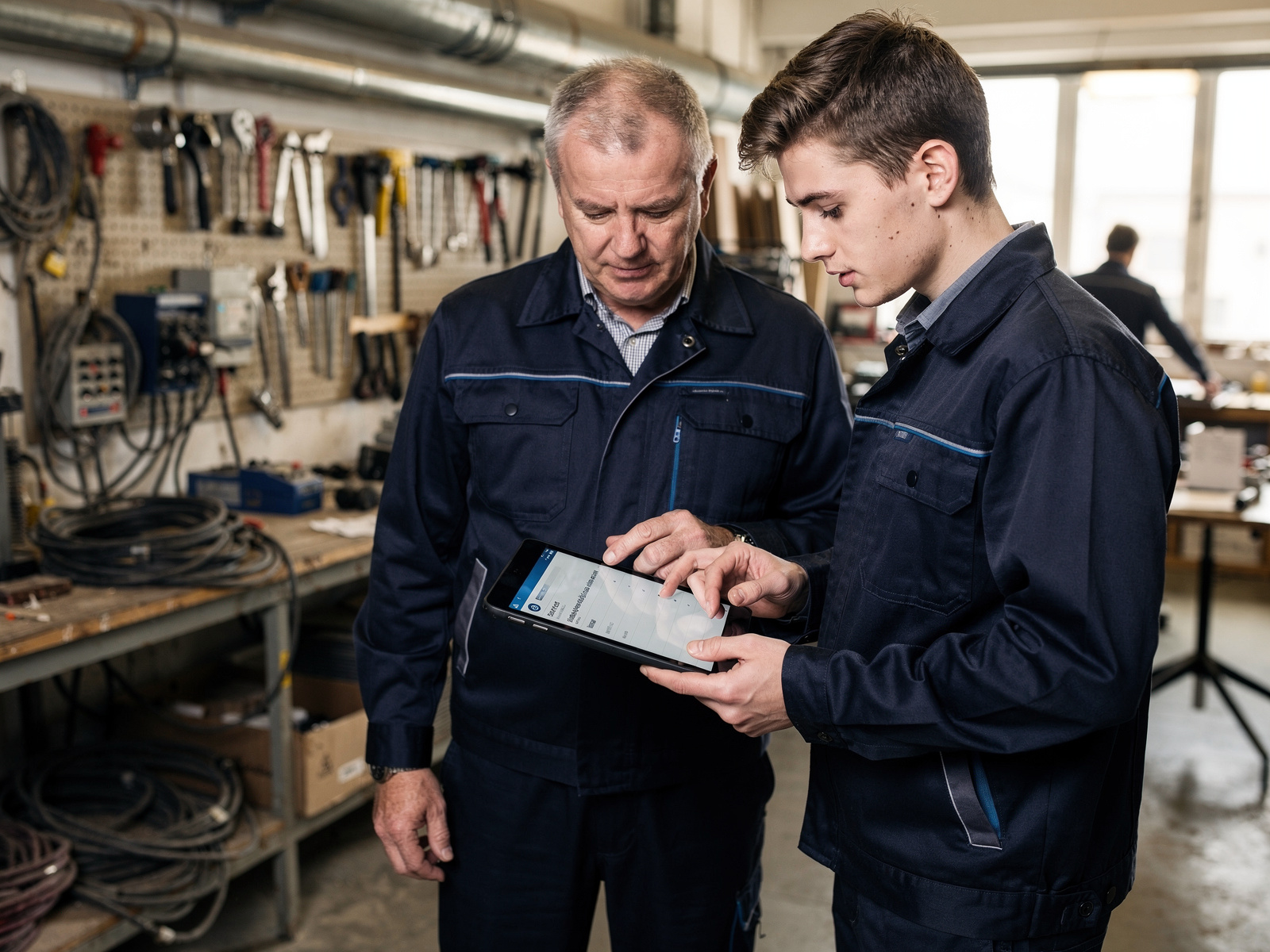 Betriebsinhaber und Mitarbeiter nutzen gemeinsam ein Tablet in der Werkstatt