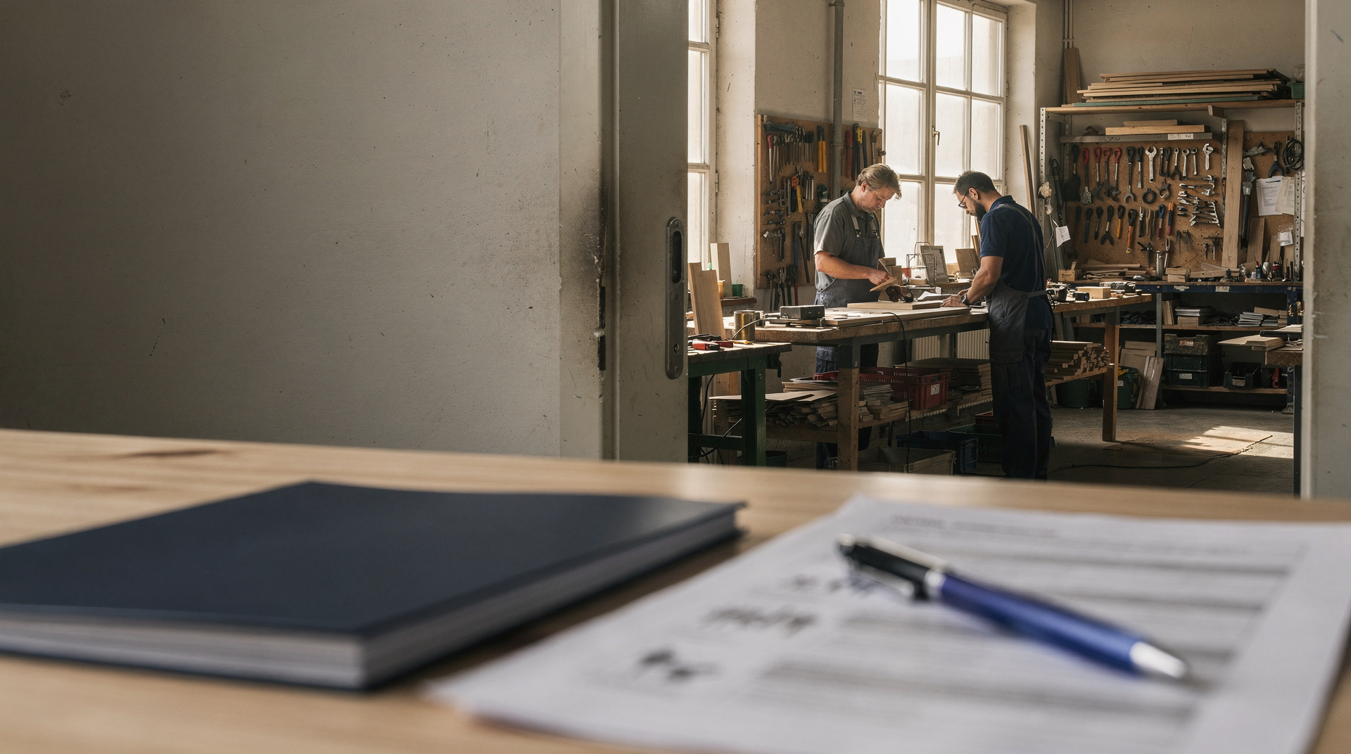 Blick vom Büroschreibtisch in eine ruhige Handwerkswerkstatt bei Tageslicht