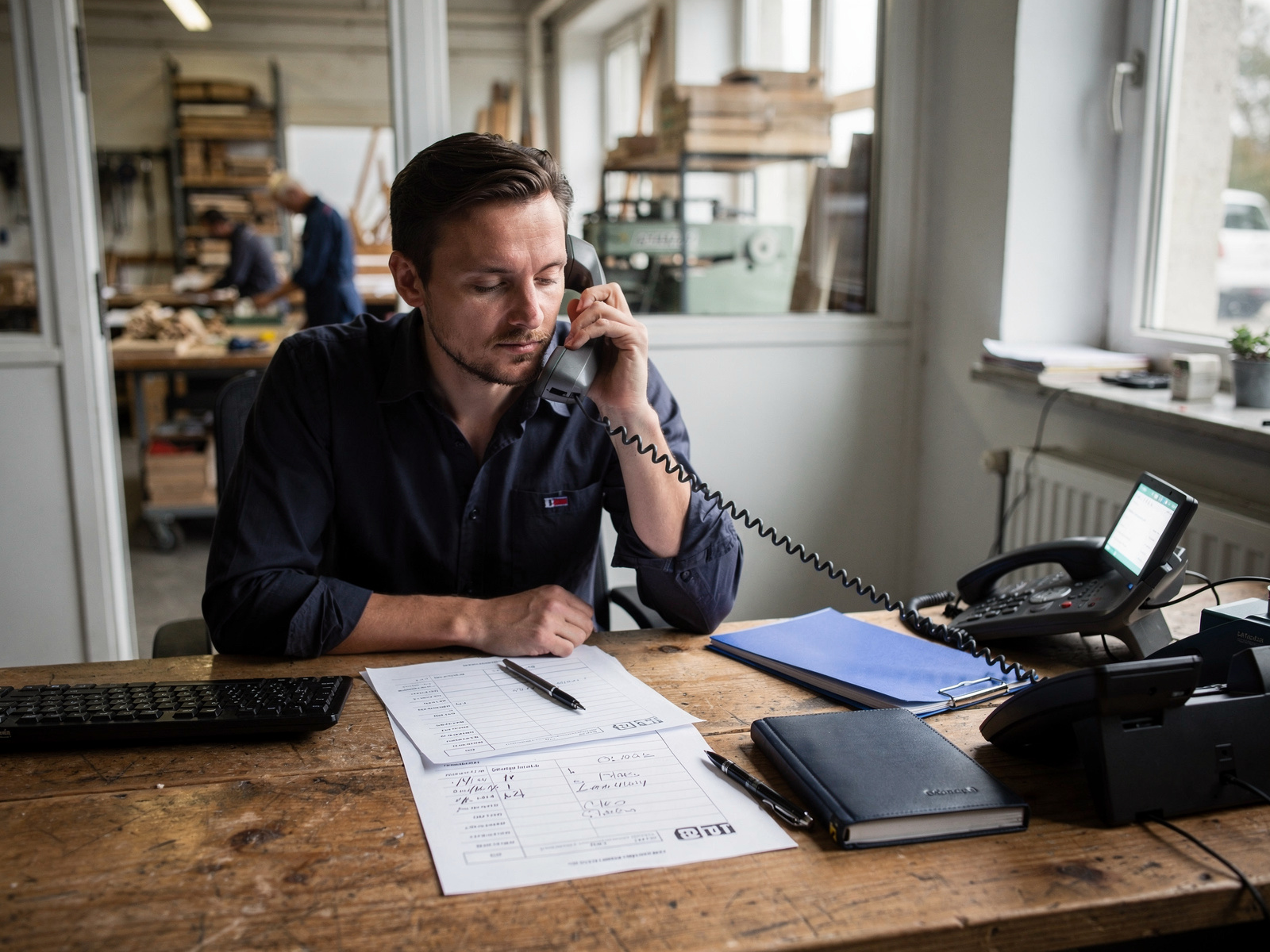 Mitarbeiterin am Schreibtischtelefon mit Blick auf einen Arbeitsauftrag